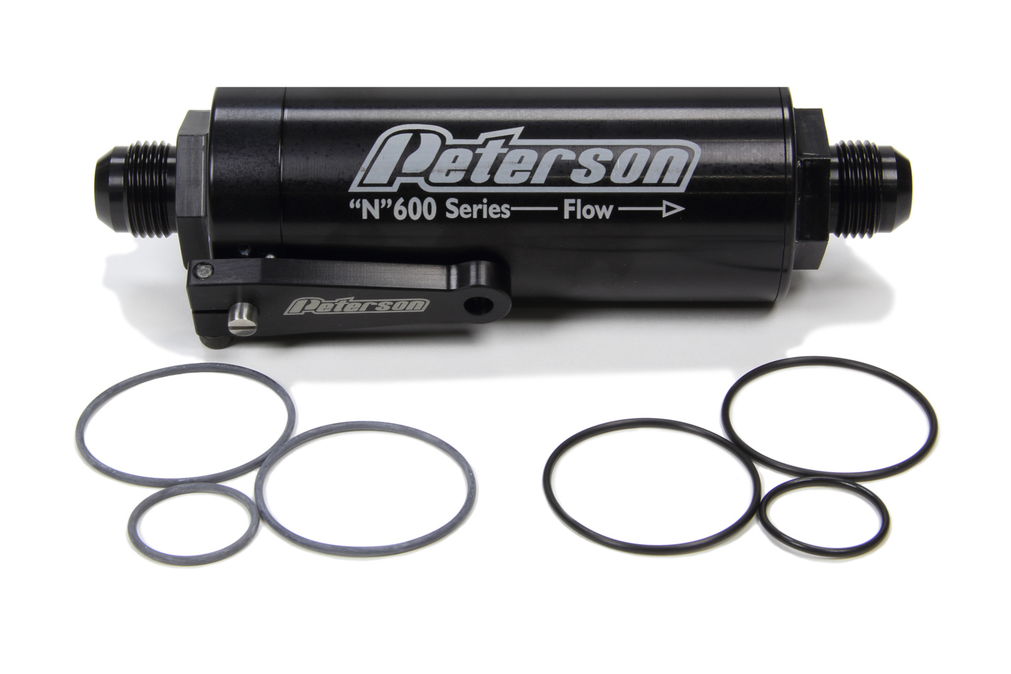 Peterson Fluid 09-0602 Fuel Filter, 600 Series, In-Line, 45 Micron, Stainless Element, 10 AN Male Inlet, 10 AN Male Outlet, Shut Off Valve, Aluminum, Black Anodized, Each
