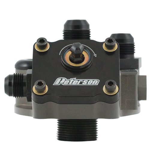 Peterson Fluid 09-1571 Oil Filter Mount, Primer Pump, 12 AN Male Ports, 1-1/2-12 in Center Thread, Right Side Inlet, Aluminum, Black Anodized, Universal, Each