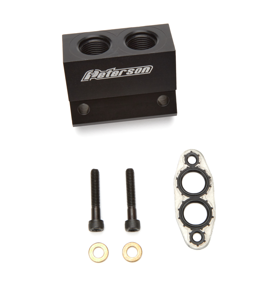 Peterson Fluid 15-5011 Oil Cooler Adapter, 8 AN Female Inlet, 8 AN Female Outlet, Aluminum, Black Anodized, GM LS-Series, Each