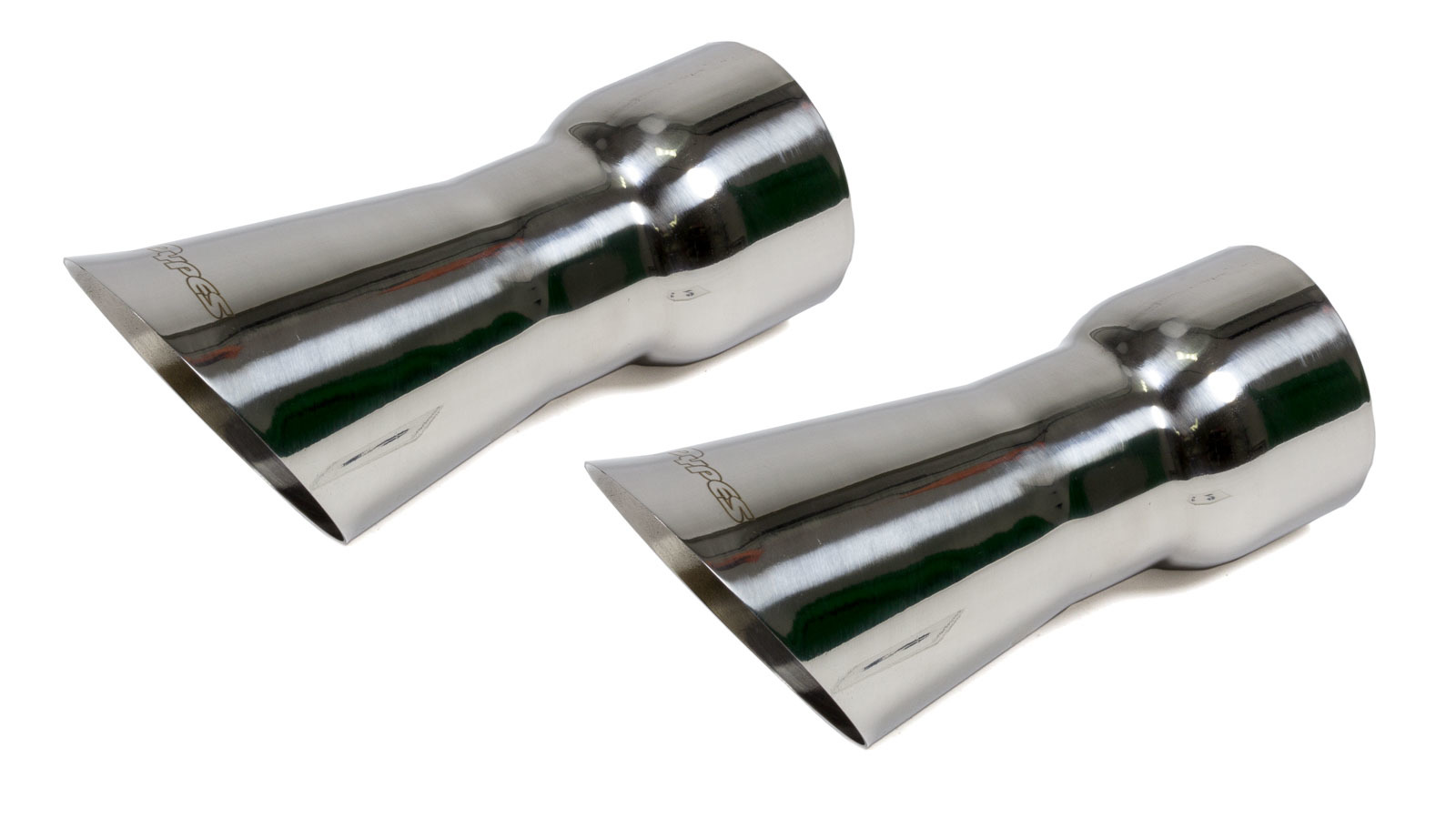 Pypes Exhaust EVT35 Exhaust Tip, Olds 442 Trumpet Exhaust Tips, Slip-On, 3 in Inlet, 4 in Round Outlet, 8-1/8 in Long, Single Wall, Cut Edge, Trumpet Cut, Stainless, Polished, Pair