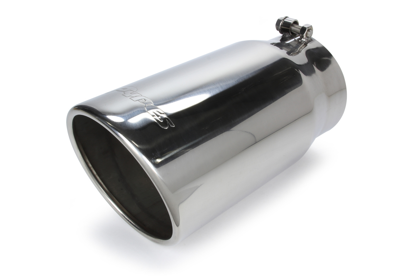 Pypes Exhaust EVT506 Exhaust Tip, Monster, Clamp-On, 5 in Inlet, 6 in Round Outlet, 12 in Long, Single Wall, Rolled Edge, Angled Cut, Stainless, Polished, Each
