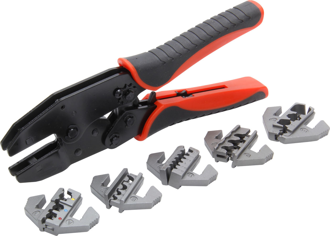 QuickCar 50-395 Wire Crimping Tool, Ratcheting Mechanism, Quick Change Jaws, Cushion Grip, Steel, Black Oxide, Each