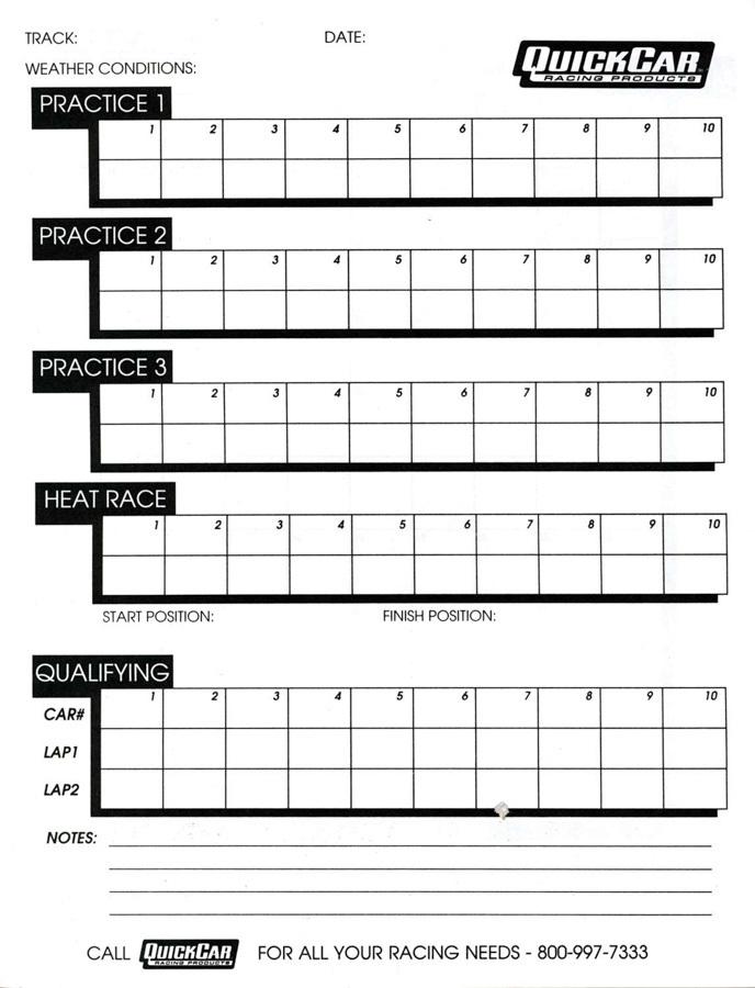 QuickCar 51-235 Time Organizer Chart, 100 Lap, 50 Sheet in a Pad, Each