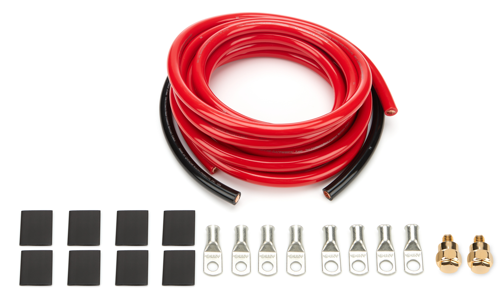 QuickCar 57-011 Battery Cable Kit, 2 Gauge, Side Mount Battery Terminals, Terminals / Heat Shrink Included, Copper, 15 ft Red / 2 ft Black, Kit