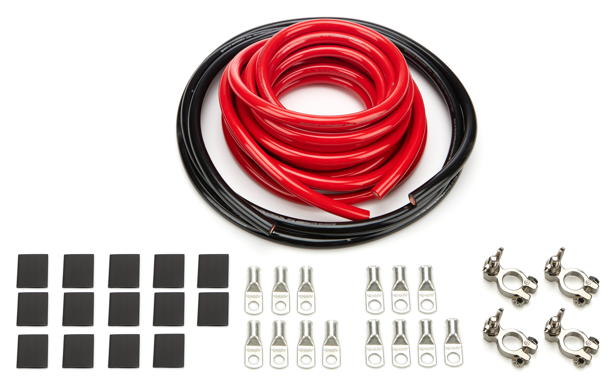 QuickCar 57-012 Battery Cable Kit, Drag Race, 2 Gauge, Top Mount Terminals, Dual Battery, Terminals / Heat Shrink Included, Copper, 25 ft Red / 8 ft Black, Kit