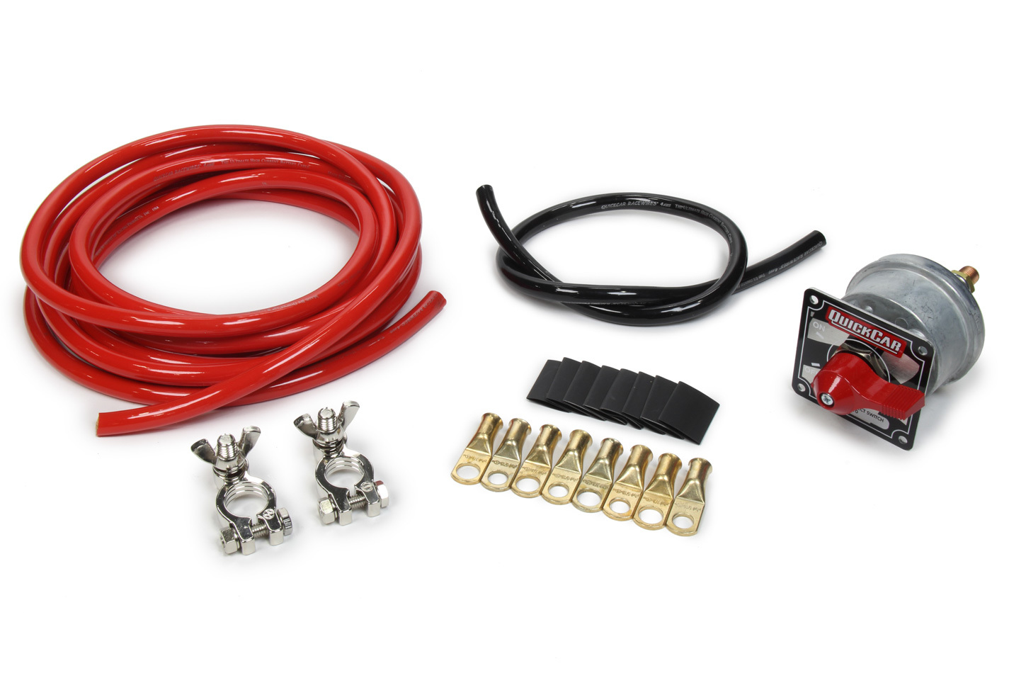 QuickCar 57-014 Battery Cable Kit, 4 Gauge, Top Mount Battery Terminals, Disconnect Switch / Terminals / Heat Shrink Included, 15 ft Red / 2 ft Black, Kit