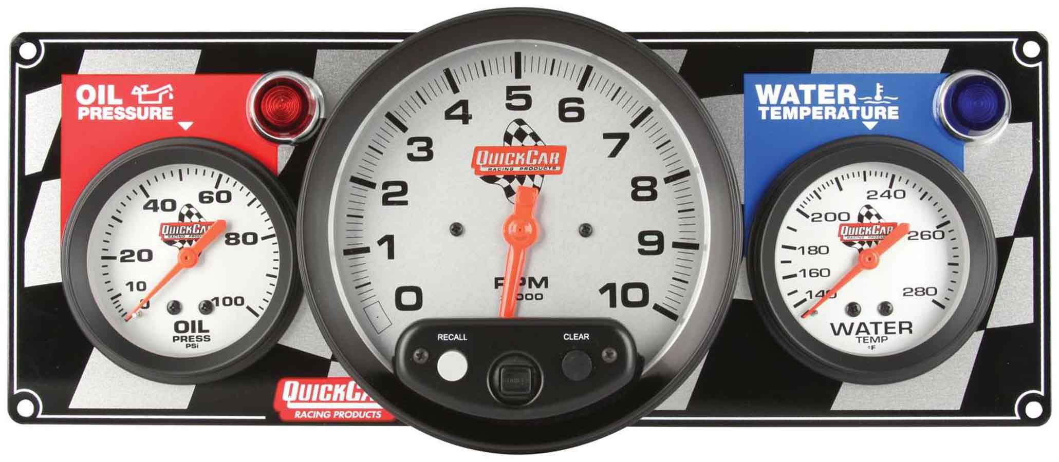 QuickCar 61-6031 - Gauge Panel Assembly, Oil Pressure / Tachometer / Water Temperature, Silver Face, Warning Light, Kit