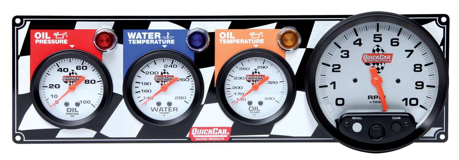 QuickCar 61-6041 - Gauge Panel Assembly, Oil Pressure / Oil Temperature / Tachometer / Water Temperature, Silver Face, Warning Light, Kit