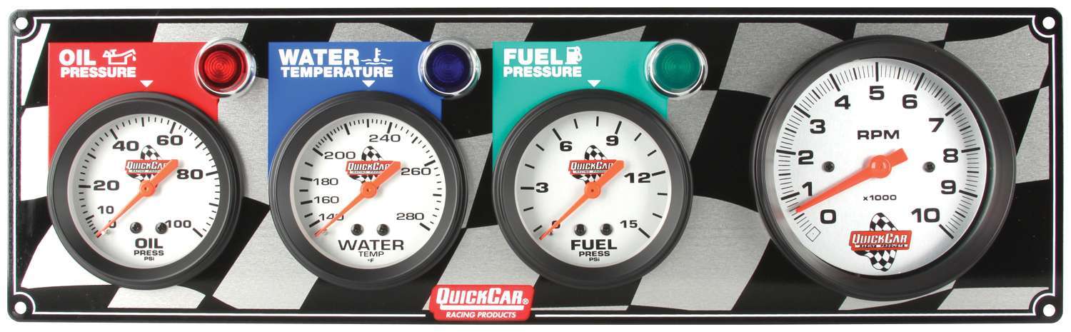 QuickCar 61-60423 - Gauge Panel Assembly, Fuel Pressure / Oil Pressure / Tachometer / Water Temperature, Silver Face, Warning Light, Kit