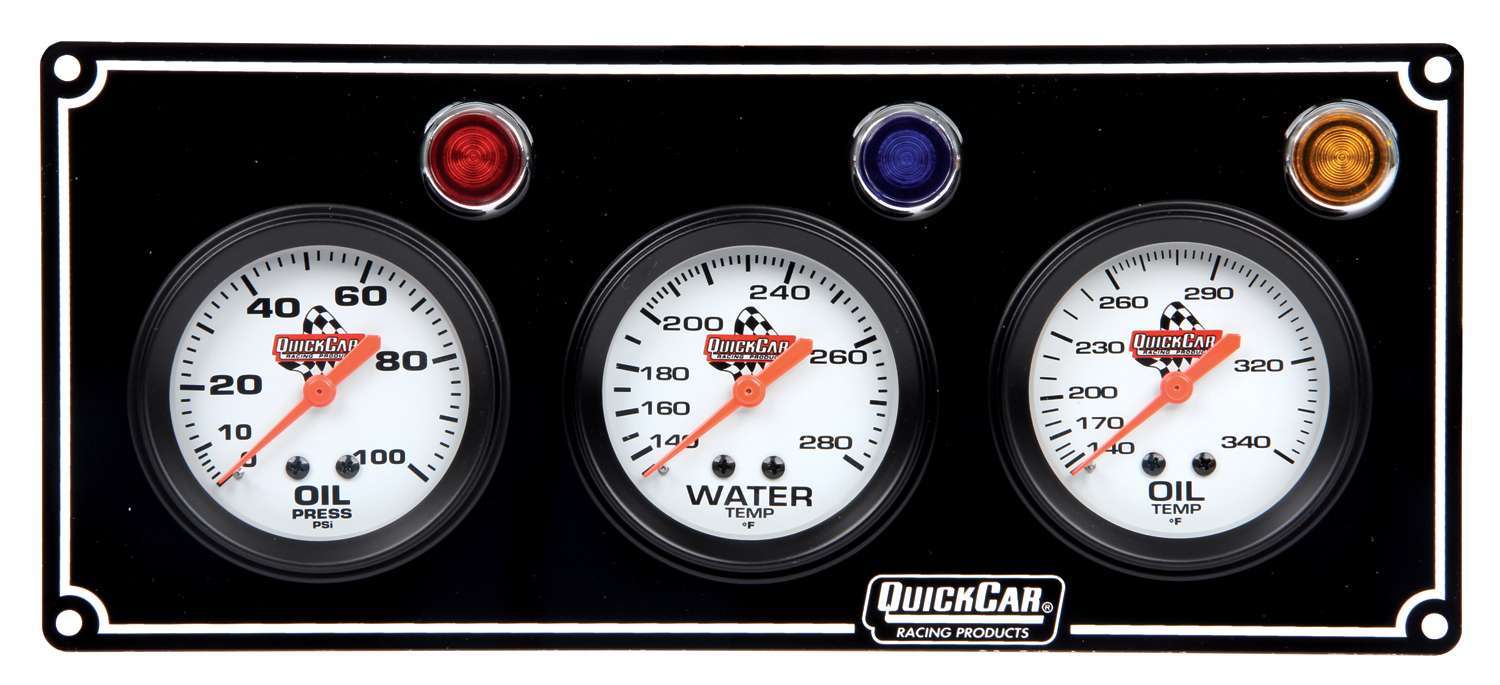 QuickCar 61-6711 - Gauge Panel Assembly, Oil Pressure / Oil Temperature / Water Temperature, Silver Face, Warning Light, Kit