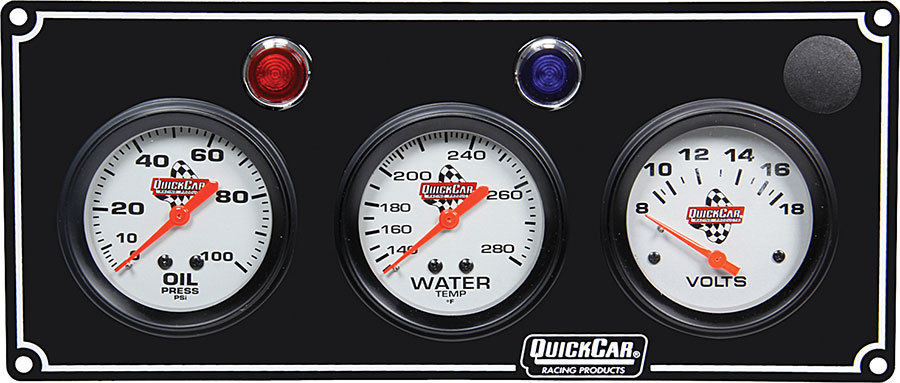 QuickCar 61-6717 - Gauge Panel Assembly, Standard, Oil Pressure / Water Temperature / Voltmeter, Silver Face, Warning Light, Fiberglass, Black, Kit