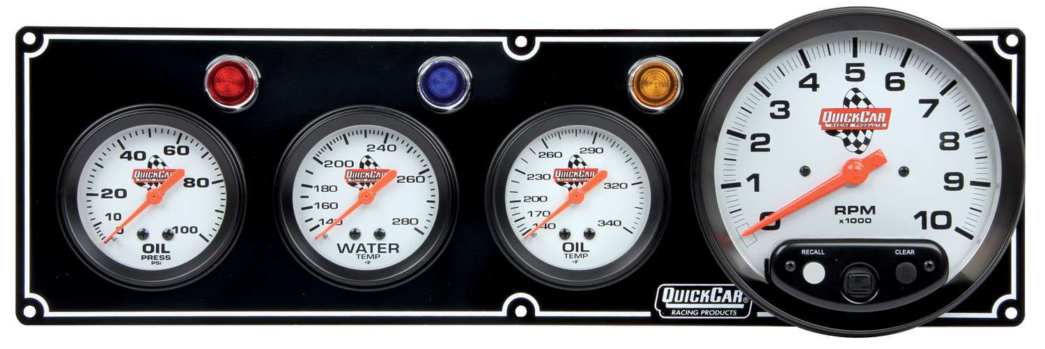 QuickCar 61-6741 - Gauge Panel Assembly, Oil Pressure / Oil Temperature / Tachometer / Water Temperature, Silver Face, Warning Light, Kit