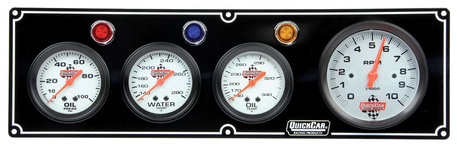 QuickCar 61-67413 - Gauge Panel Assembly, Oil Pressure / Oil Temperature / Tachometer / Water Temperature, Silver Face, Warning Light, Kit
