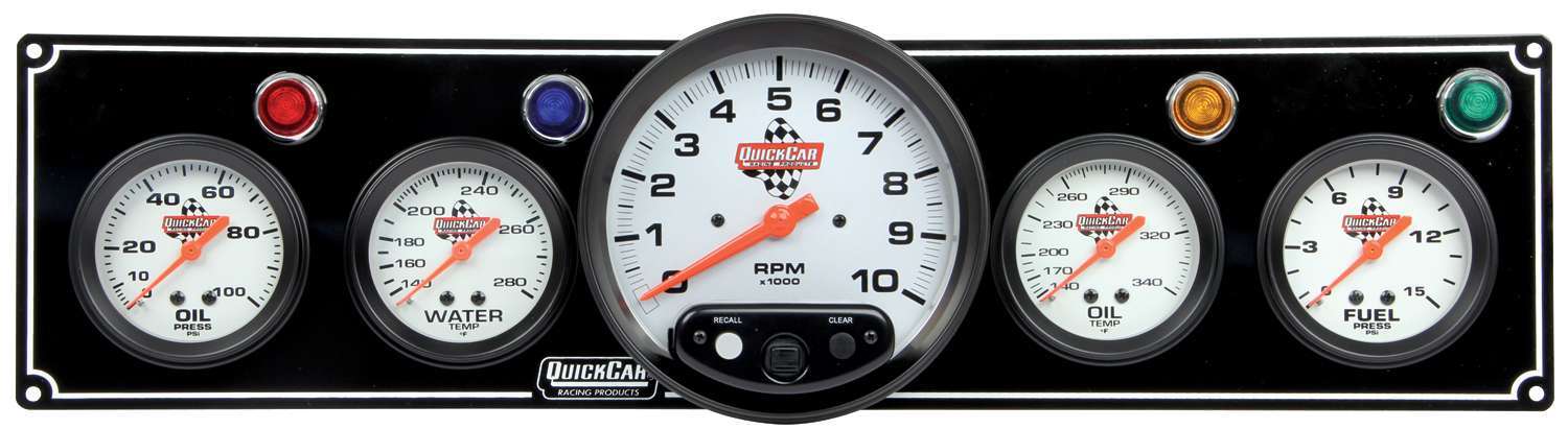 QuickCar 61-6751 - Gauge Panel Assembly, Fuel Pressure / Oil Pressure / Oil Temperature / Tachometer / Water Temperature, Silver Face, Warning Light, Kit