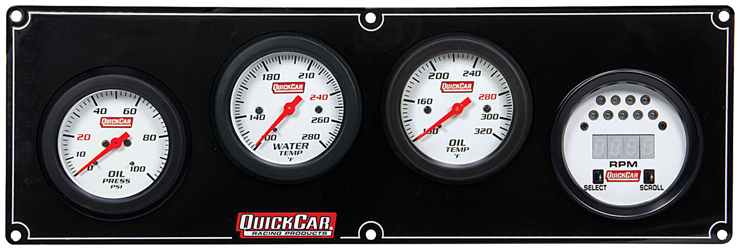 QuickCar 61-7041 Gauge Panel Assembly, Extreme, Oil Pressure / Oil Temperature / Digital Tachometer / Water Temperature, White Face, Warning Light, Kit