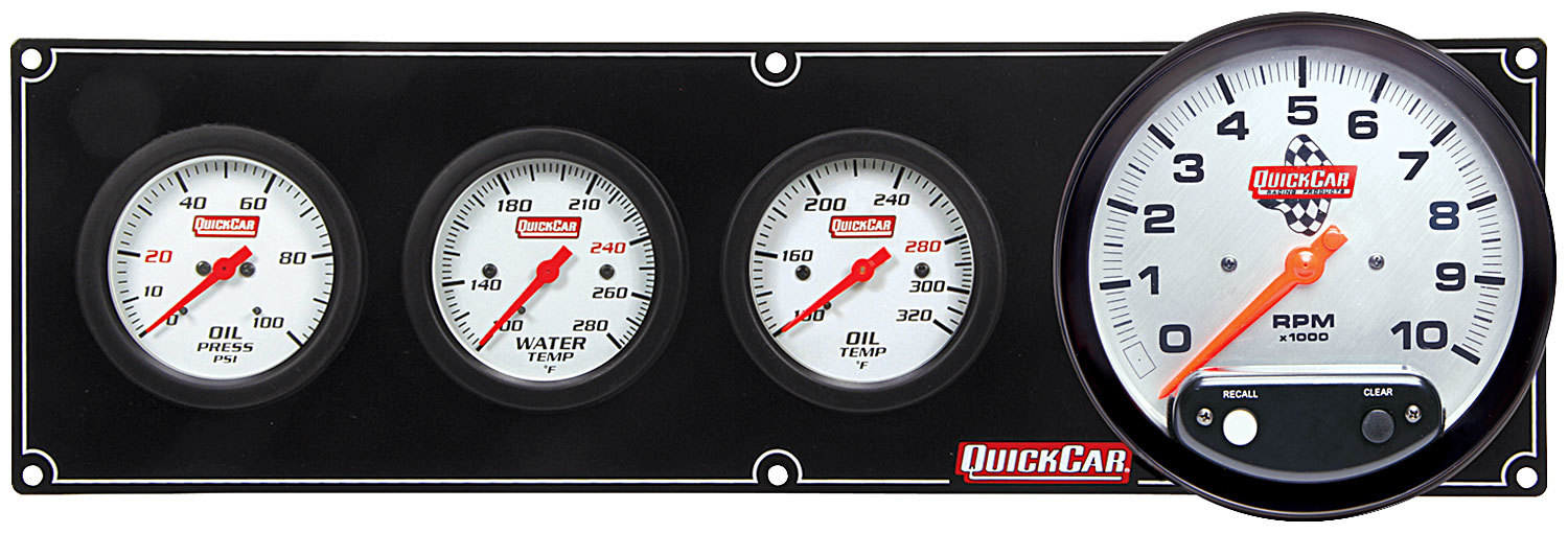 QuickCar 61-7741 - Gauge Panel Assembly, Extreme, Oil Pressure / Oil Temperature / Tachometer / Water Temperature Gauge, Tachometer Recall, White Face, Kit