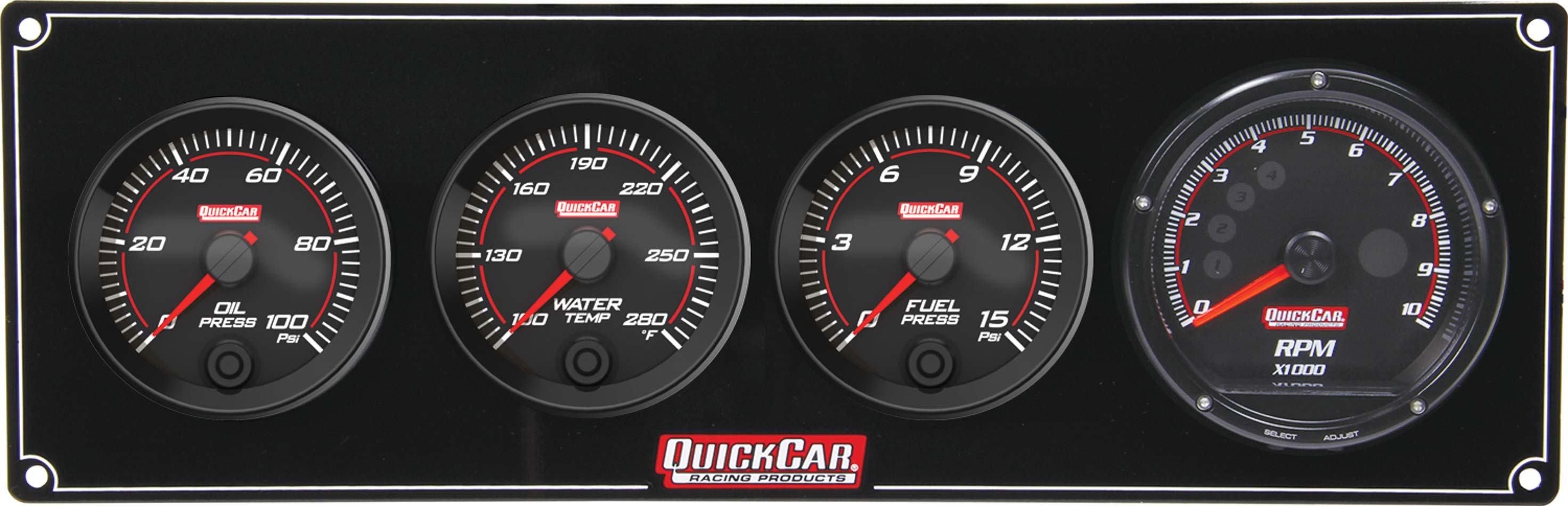 QuickCar 69-3042 - Gauge Panel Assembly, Redline, Oil Pressure / Water Temperature / Fuel Pressure / Recall Tachometer, Black Face, Kit