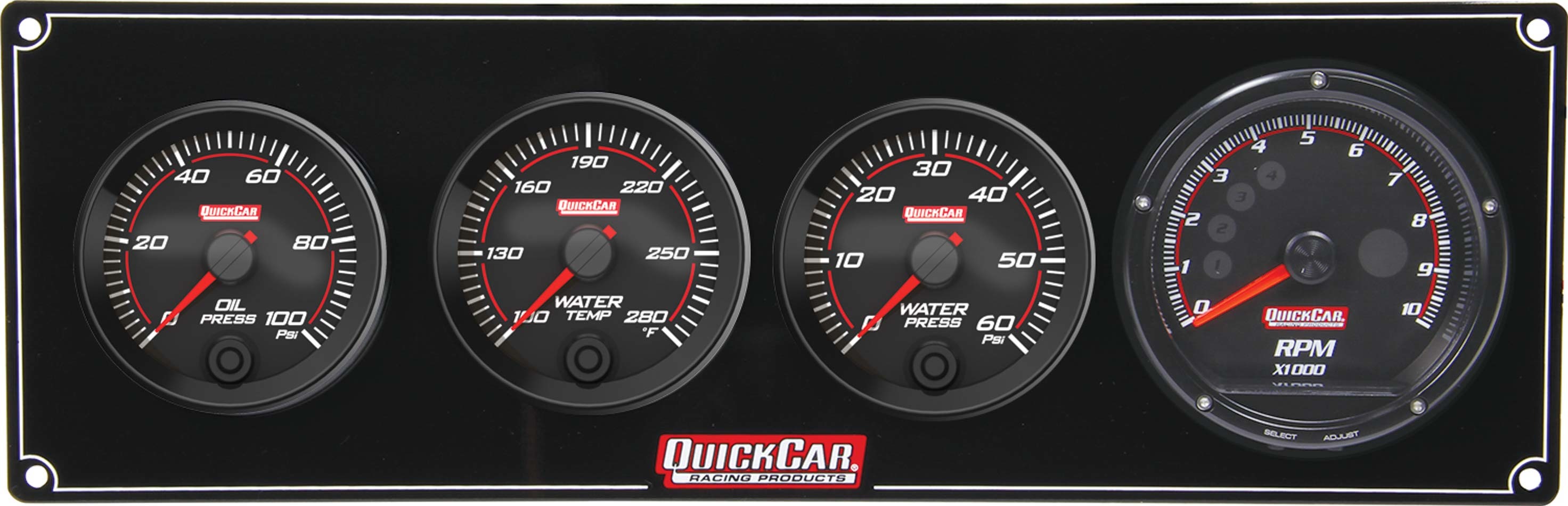QuickCar 69-3046 Gauge Panel Assembly, Redline, Oil Pressure / Water Temperature / Water Pressure / Recall Tachometer, Black Face, Kit