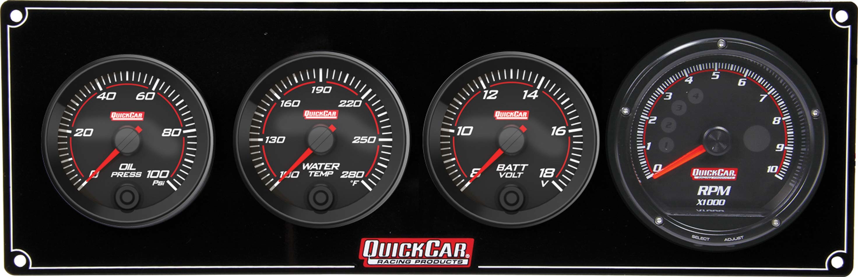 QuickCar 69-3047 - Gauge Panel Assembly, Redline, Oil Pressure / Water Temperature / Volt / Recall Tachometer, Black Face, Kit