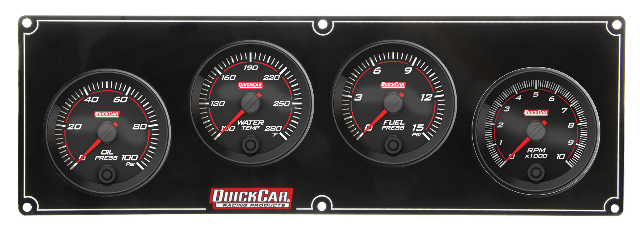 QuickCar 69-3242 - Gauge Panel Assembly, Redline, Oil Pressure / Water Temperature / Fuel Pressure / 2-5/8 in Tachometer, Black Face, Kit