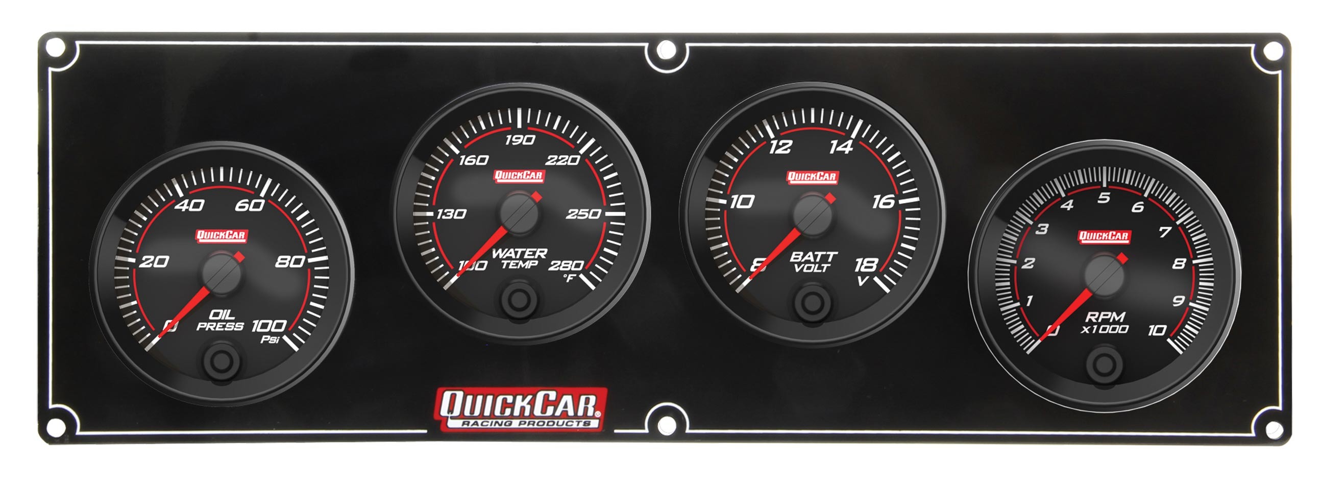 QuickCar 69-3247 - Gauge Panel Assembly, Redline, Oil Pressure / Water Temperature / Volt / 2-5/8 in Tachometer, Black Face, Kit