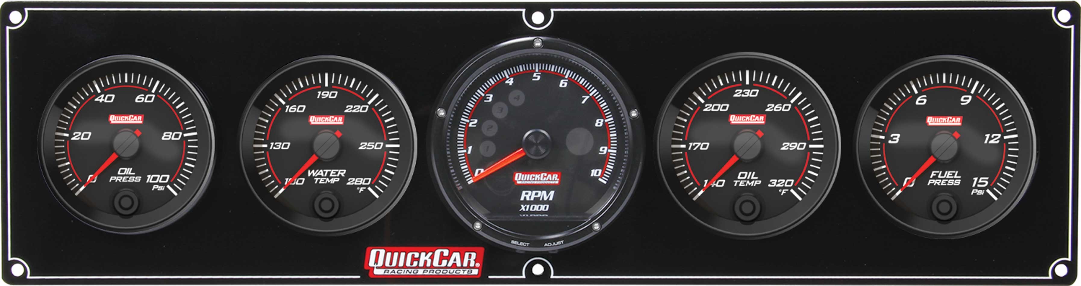 QuickCar 69-4051 - Gauge Panel Assembly, Redline, Oil Pressure / Water Temperature / Oil Temperature / Fuel Pressure / Recall Tachometer, Black Face, Kit