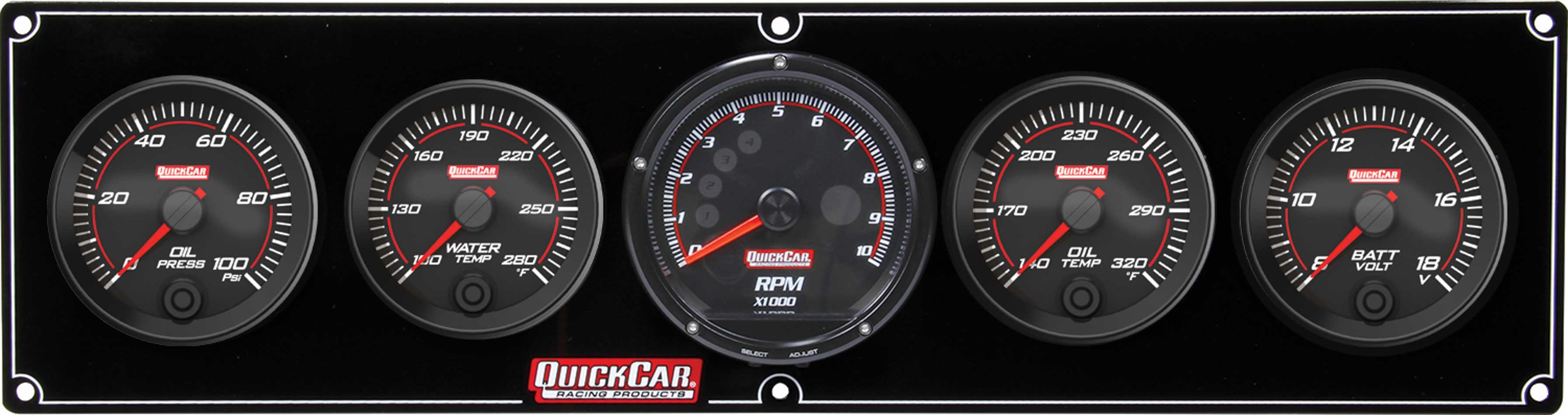 QuickCar 69-4057 Gauge Panel Assembly, Redline, Oil Pressure / Water Temperature / Oil Temperature / Volt / Recall Tachometer, Black Face, Kit