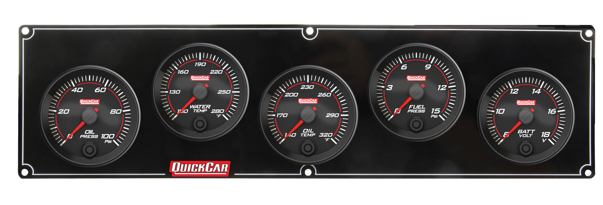 QuickCar 69-5037 - Gauge Panel Assembly, Redline, Oil Pressure / Water Temperature / Oil Temperature / Fuel Pressure / Volt Meter, Black Face, Kit