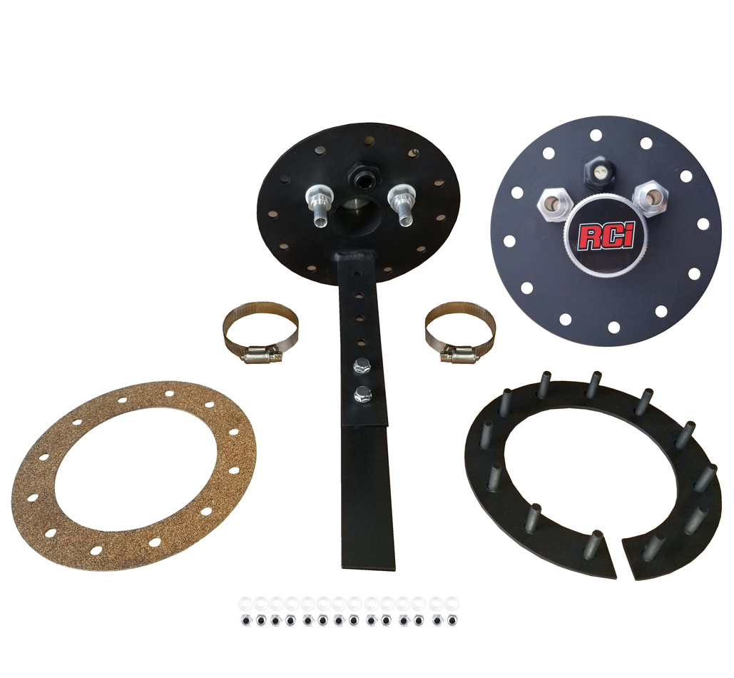 RCI 7080A Fuel Pump Hanger, 12 Bolt Round, 8 AN Fittings, Gaskets / Hardware Included, Aluminum, Black Anodized, Kit