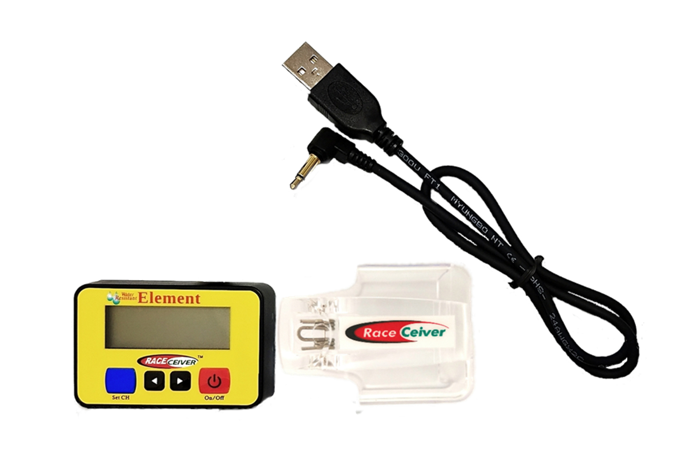 Raceceiver EL16R - Radio Receiver, Element, Water Resistant, LCD Screen, Rechargeable, Charging Cord / Holster / Pouch, Plastic, Yellow, Each