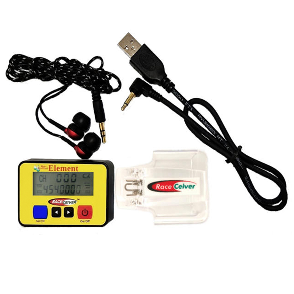 Raceceiver EL16R/REP Radio Receiver, Element, Water Resistant, LCD Screen, Rechargeable, Rookie Earpiece, Charging Cord / Holster / Pouch, Plastic, Yellow, Each