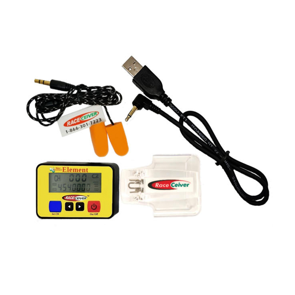 Raceceiver EL16R/SPK Radio Receiver, Element, Water Resistant, LCD Screen, Rechargeable, Semi-Pro Earpiece, Charging Cord / Holster / Pouch, Plastic, Yellow, Each