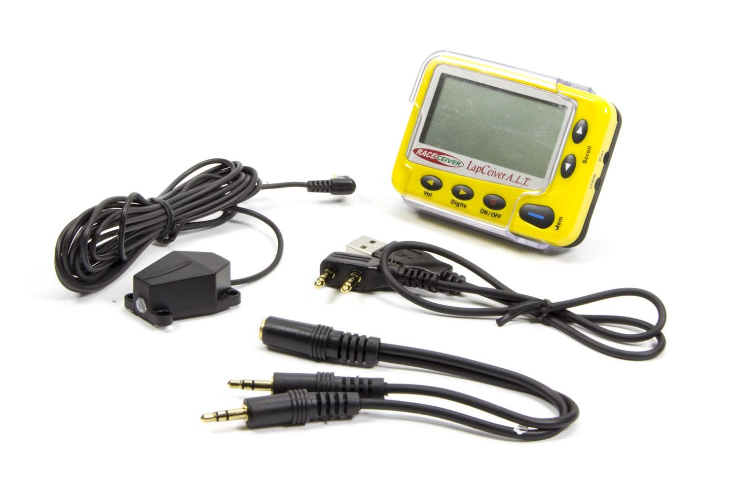 Raceceiver LAP-ALT-100 - Lap Time Receiver, LAPceiver A.L.T., LCD Screen, Audible Lap Times, Holster / Headphone Splitter / IR Detector / USB Cord, Plastic, Yellow, Kit