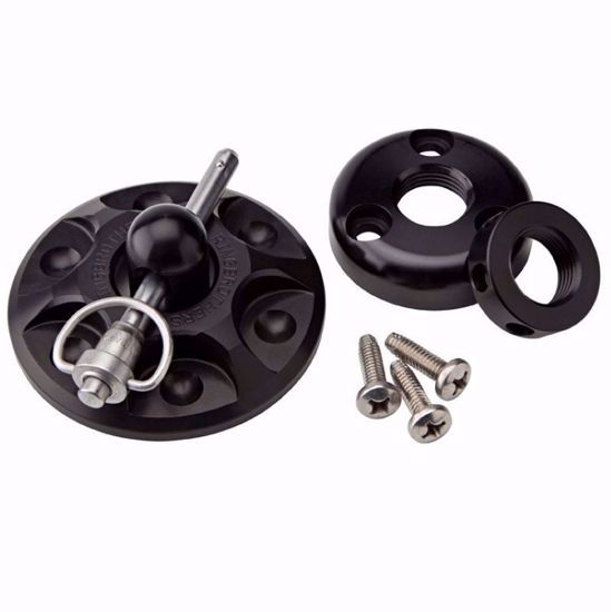 Ring Brothers 9111B Hood Pin, Round Billet Hood Pin Kit, 3/4 x 4-1/2 in Long, 3 in OD Scuff Plates, Quick Release Clips, Hardware Included, Aluminum, Black Anodized, Universal, Kit
