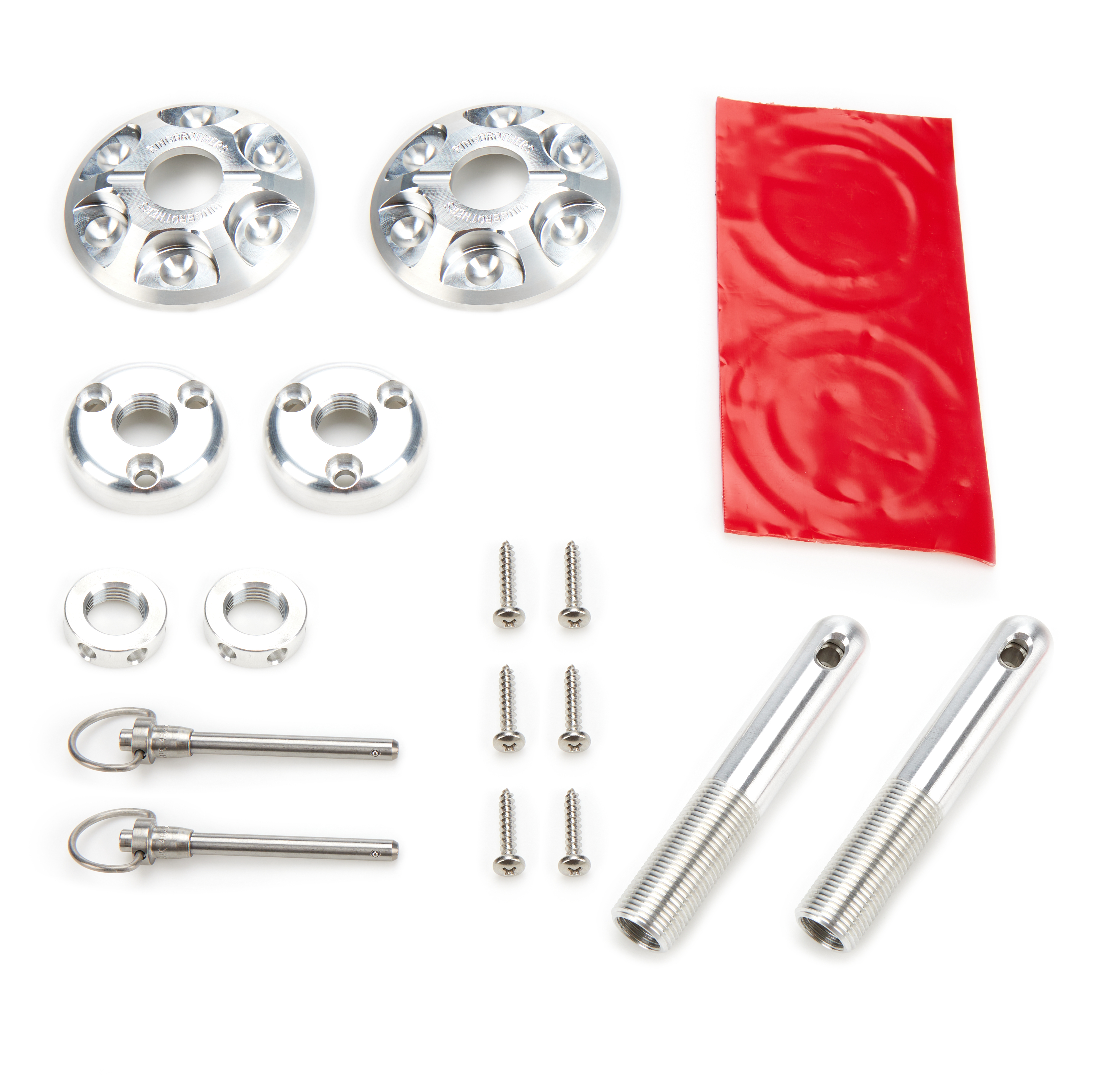 Ring Brothers 9111N Hood Pin, Round Billet Hood Pin Kit, 3/4 x 4-1/2 in Long, 3 in OD Scuff Plates, Quick Release Clips, Hardware Included, Aluminum, Natural, Universal, Kit