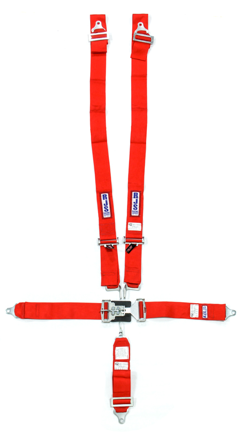 RJS Safety 1131004 - Harness, 5 Point, Latch and Link, SFI 16.1, 64 in Length, Pull Down Adjust, Bolt-On / Wrap Around, Individual Harness, Red, Kit