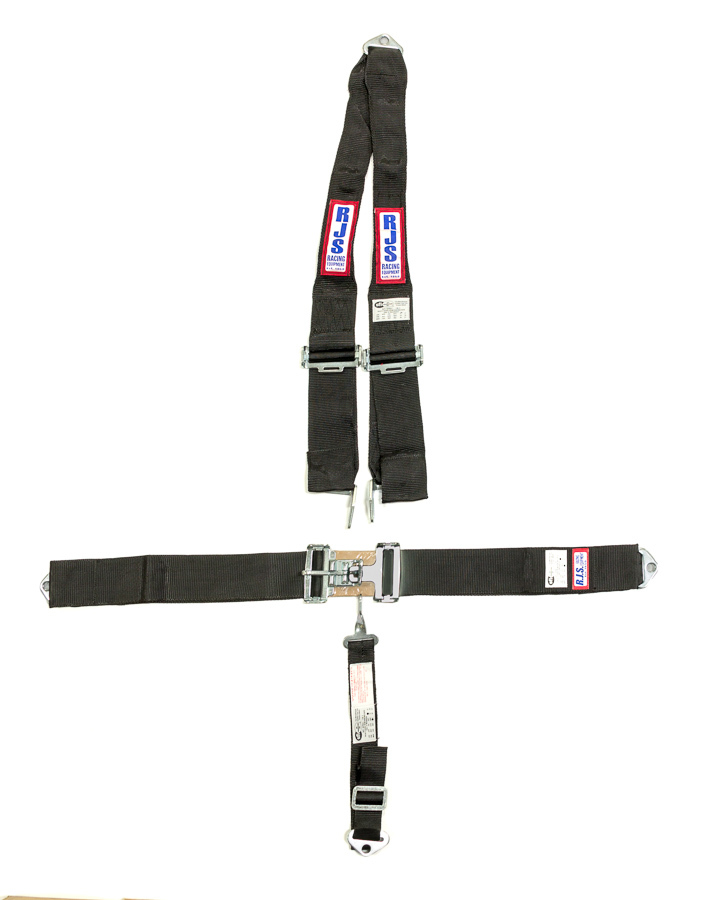RJS Safety 1139801 - Harness, 5 Point, Latch and Link, SFI 16.1, 64 in Length, Pull Down Adjust, Bolt-On, V-Type Harness, HANS Ready, Black, Kit