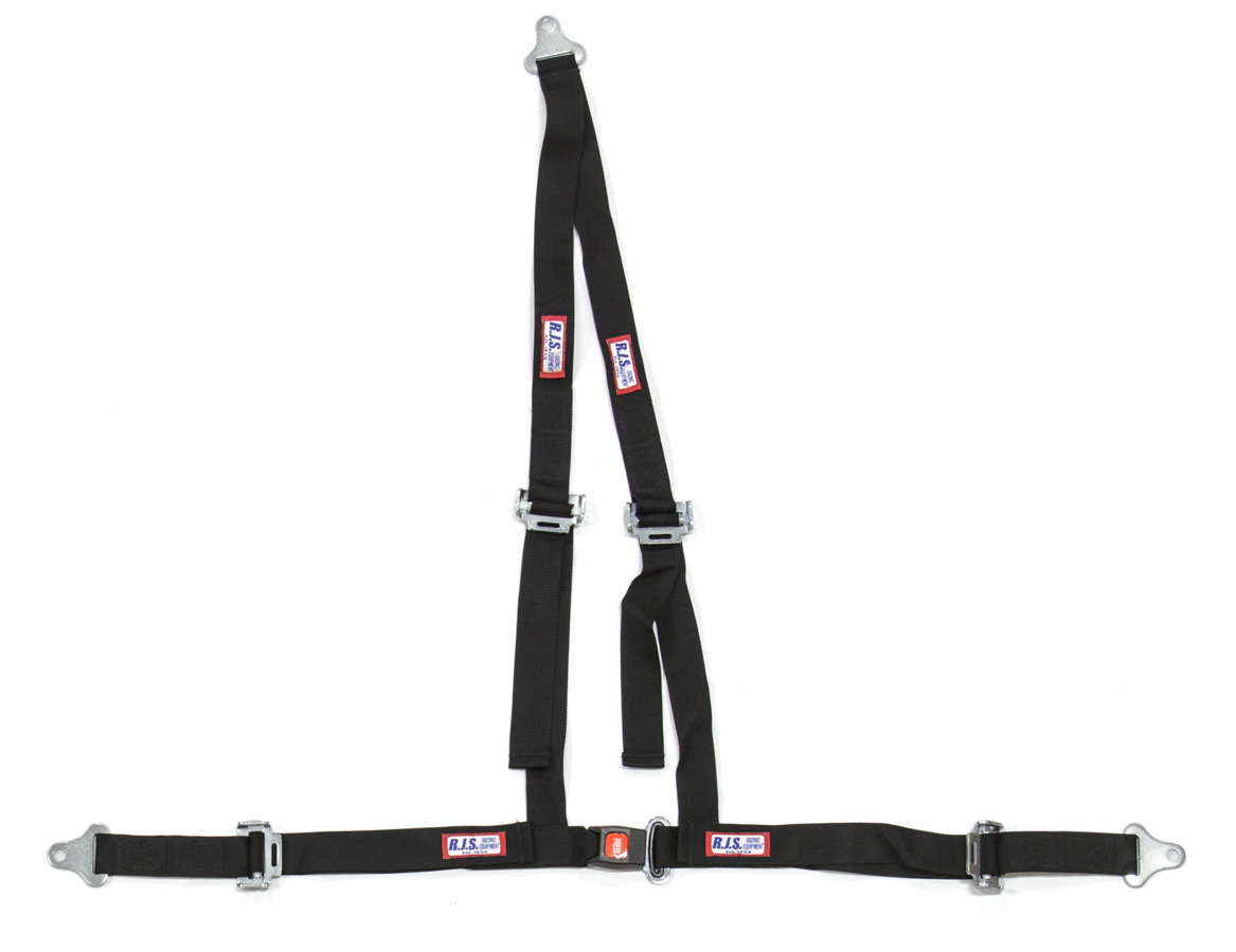 RJS Safety 4000101 Harness, Buggy Belt, 4 Point, Push Button Buckle, Pull Up Adjust, Bolt-On, V-Type Harness, Black, Kit