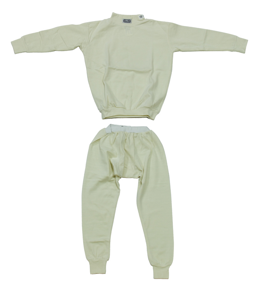 RJS Safety 800010003 - Underwear Set, 2 Piece Bottom / Top, SFI 3.3, Long Sleeve, Crew Neck, Nomex, White, Small, Each