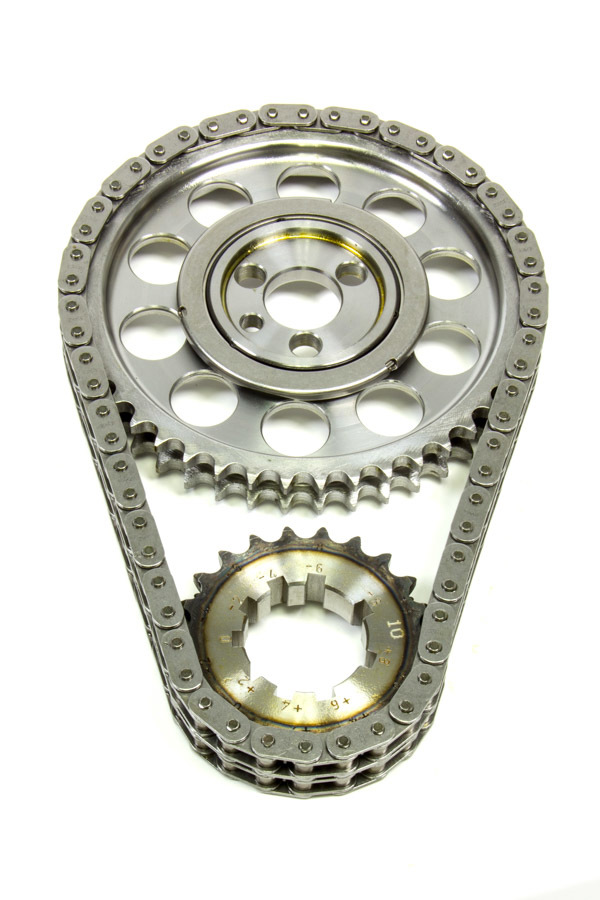 Rollmaster Romac CS1040-LB10 Timing Chain Set, Red Series, Double Roller, Keyway Adjustable, 0.010 in Shorter, Needle Bearing, Billet Steel, Small Block Chevy, Kit