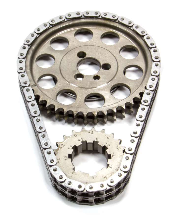 Rollmaster Romac CS1050-LB5 Timing Chain Set, Gold Series, Double Roller, Keyway Adjustable, 0.005 in Shorter, Needle Bearing, Billet Steel, Small Block Chevy, Kit