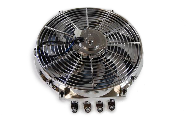 Racing Power Company R1205 Electric Cooling Fan, 14 in Fan, Push / Pull, 1750 CFM, 12V, Curved Blade, 15 X 15 in, 3 in Thick, Plastic, Chrome, Kit