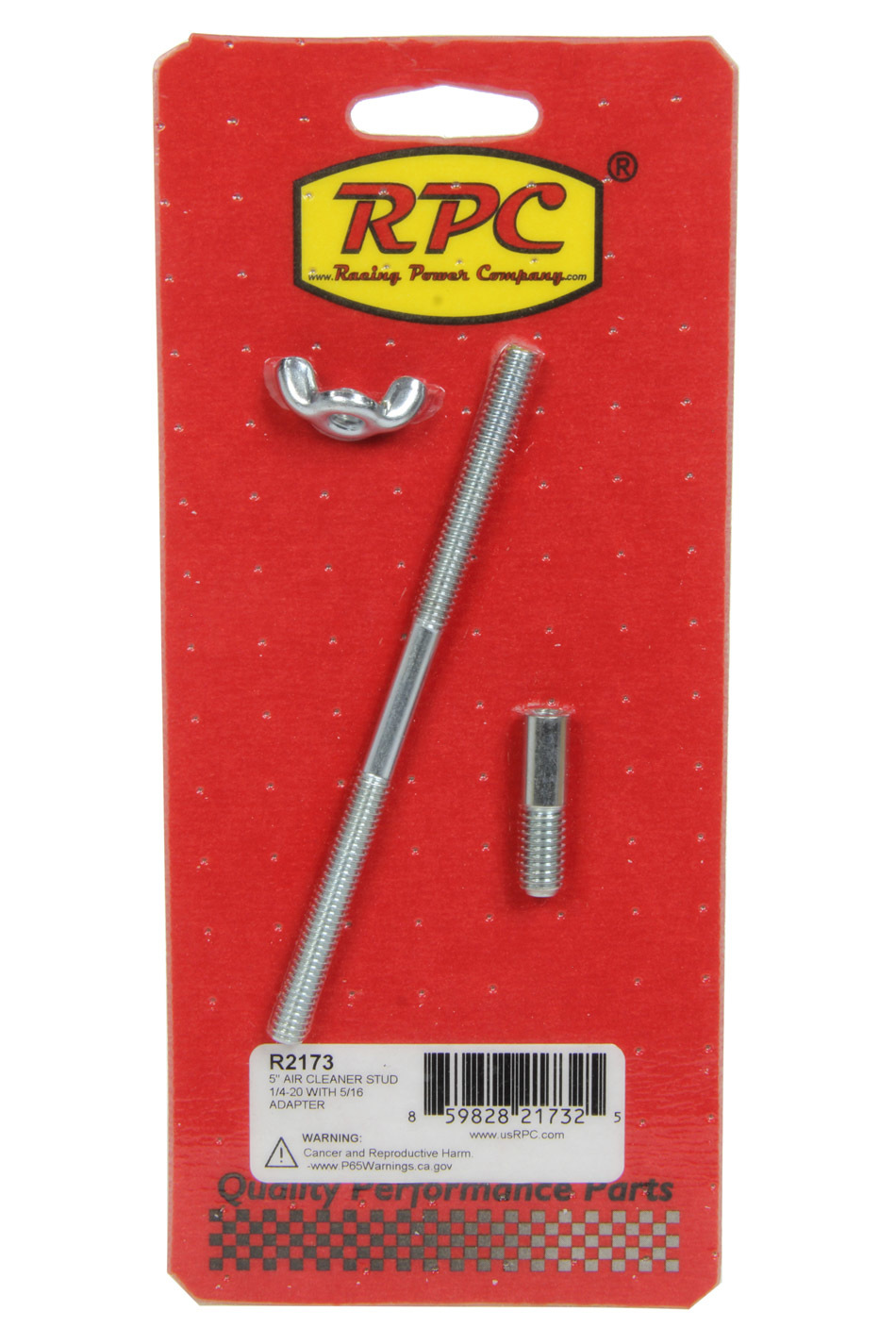 Racing Power Company R2173 Air Cleaner Stud, 1/4-20 in Thread, 5 in Long, 5/16-18 in Adapter, Steel, Zinc Oxide, Each