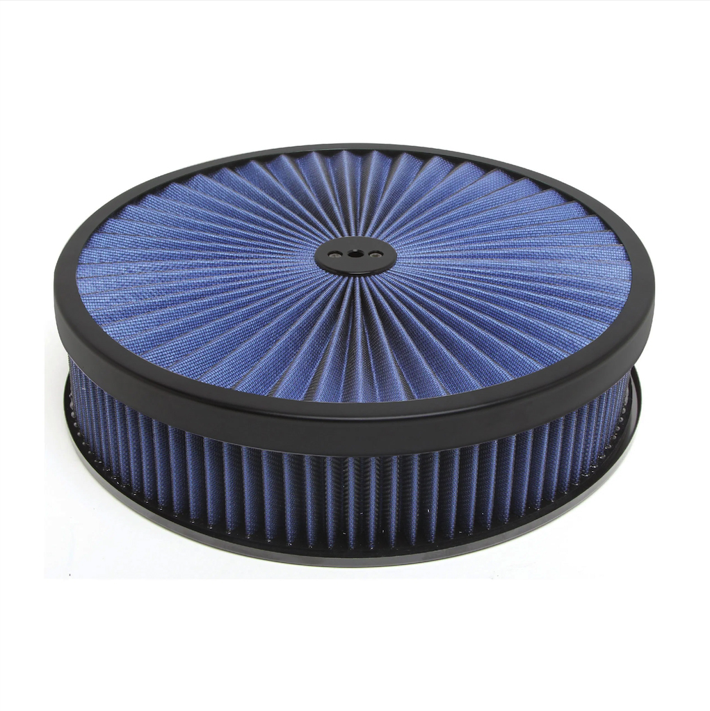 Racing Power Company R2227 Air Cleaner Assembly, Super Flow, 14 in Diameter, 3 in Tall, 5-1/8 in Carb Flange, Drop Base, Blue Reusable Cotton, Steel, Black Powder Coat, Kit