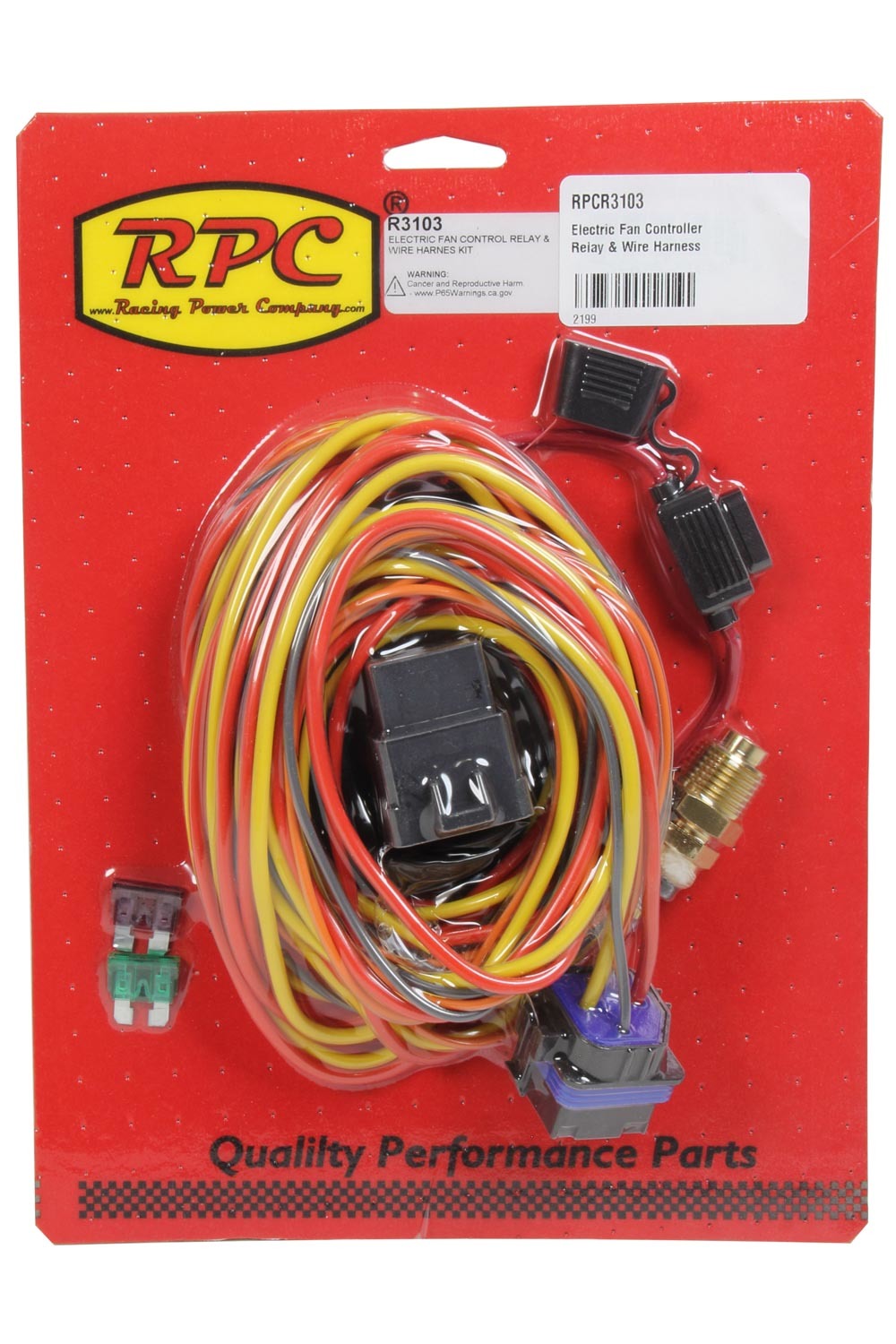 Racing Power Company R3103 Fan Controller, 185 Degree F On, 165 Degree F Off, 3/8 in NPT Thread Temperature Sensor, Bushing / Harness / Relay, Universal, Kit
