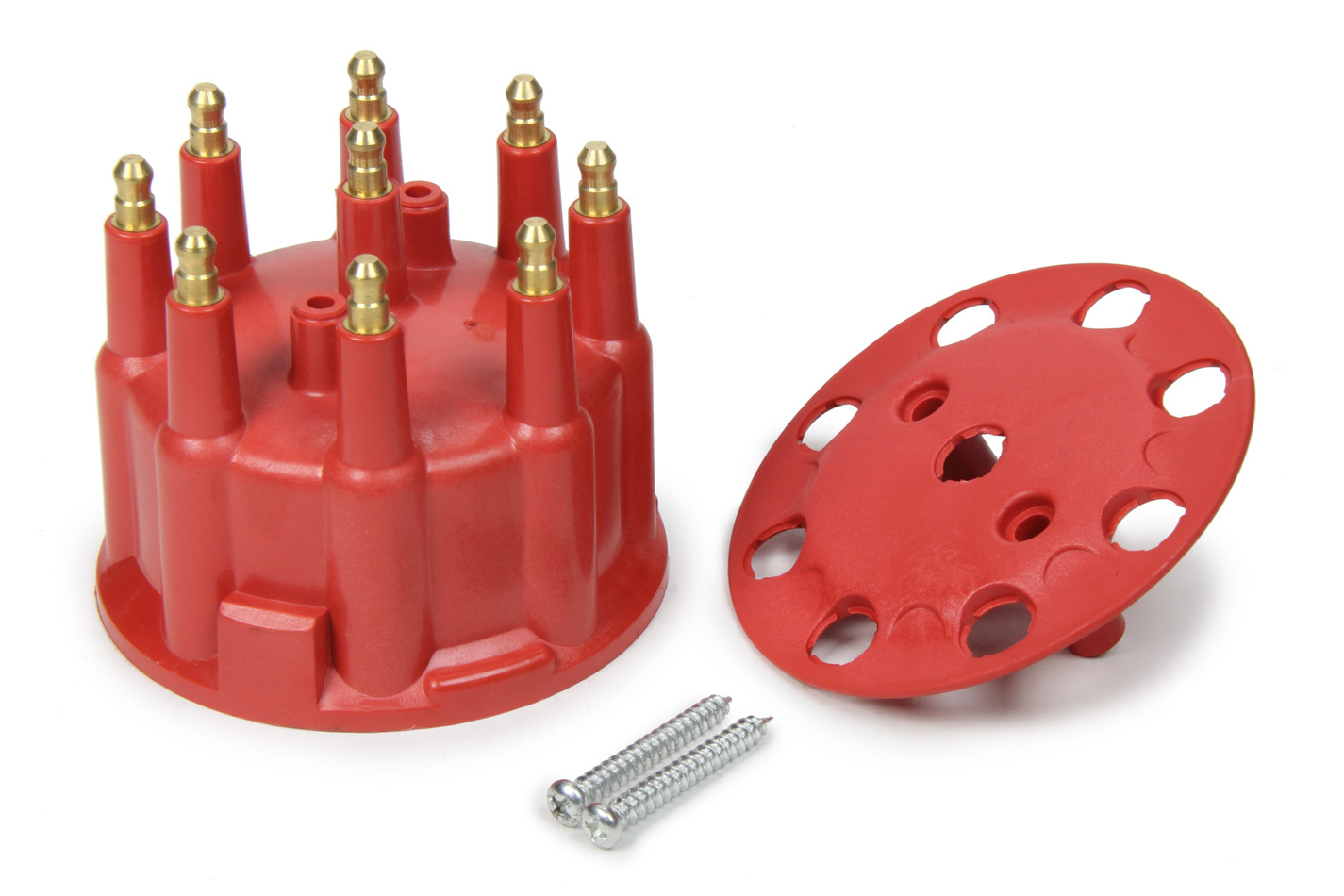 Racing Power Company R3824 Distributor Cap, HEI Style Terminals, Brass Terminals, Clamp Down, Red, Non-Vented, Small Diameter Distributor, Chevy V8, Each