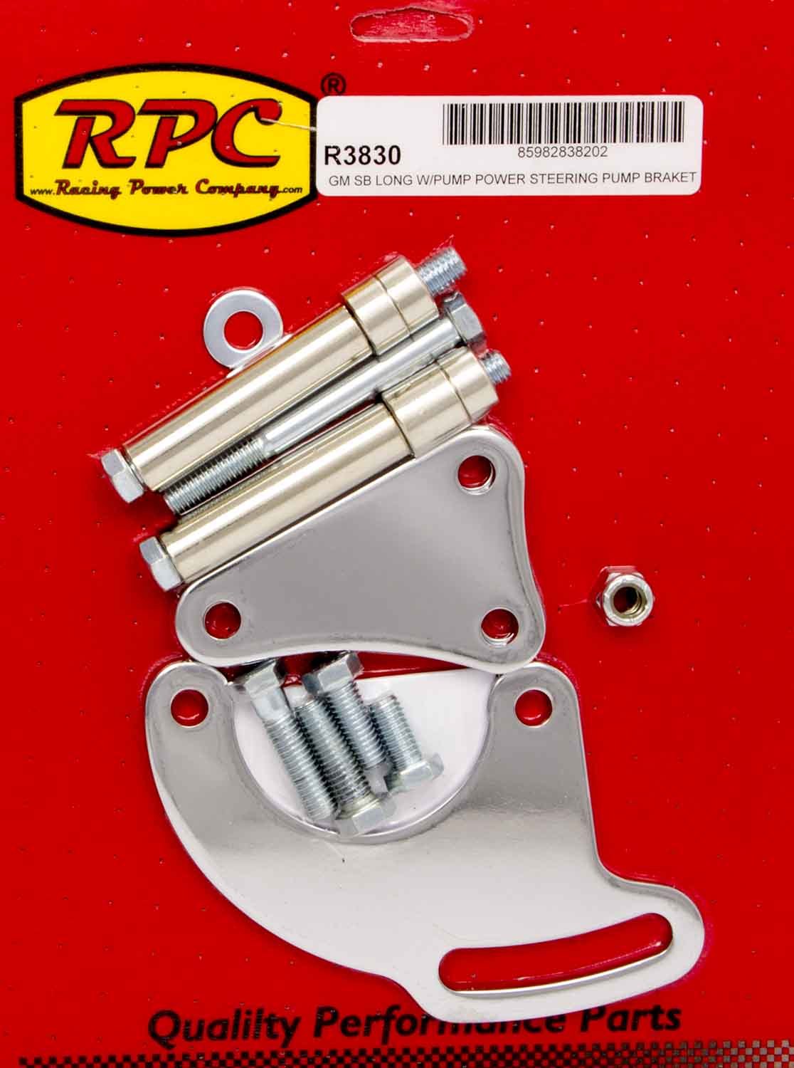 Racing Power Company R3830 Power Steering Pump Bracket, Driver Side, Block Mount, Steel, Chrome, Long Water Pump, Small Block Chevy, Kit