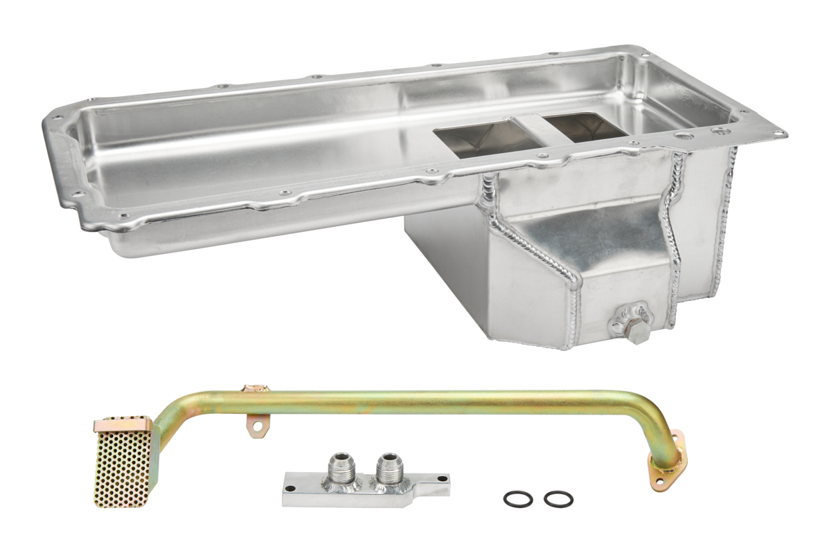 Racing Power Company R4010KIT Engine Oil Pan, LS Swap, Fabricated, Rear Pump, 7 qt, 6-3/8 in Deep, Pickup Included, Aluminum, Natural, GM LS-Series, GM A-Body 1965-72 / F-Body 1967-69 / X-Body 1968-72, Kit