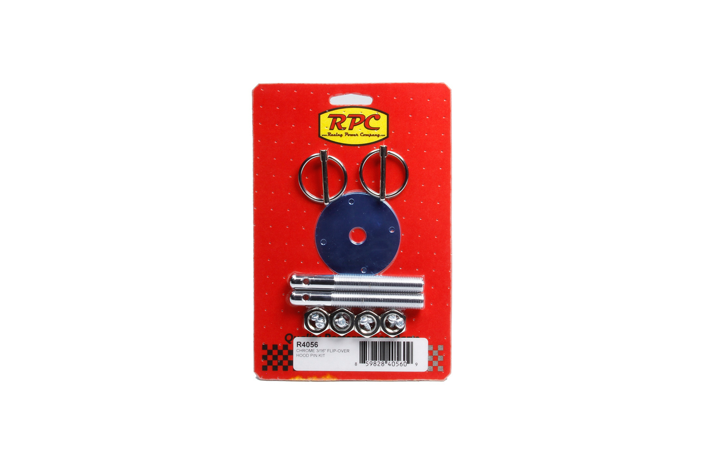 Racing Power Company R4056 Hood Pin, 1/2 in OD x 4 in Long, 2-1/2 in OD Scuff Plates, Torsion Clips, Hardware Included, Steel, Chrome, Kit