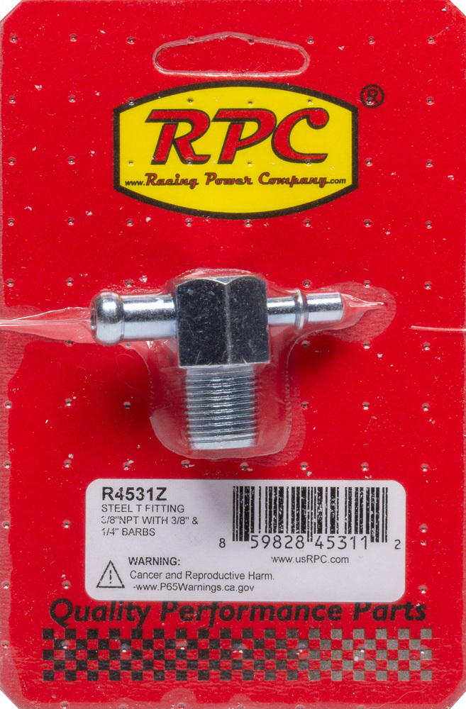 Racing Power Company R4531Z Fitting, Adapter Tee, 3/8 in Hose Barb to 1/4 in Hose Barb, 3/8 in NPT Male, Steel, Zinc Plated, Each
